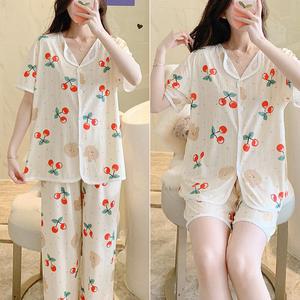 쉬블림로브 3피스(반팔+반바지+긴바지) 여성 체리곰 패턴 홈웨어 파자마 잠옷 세트 GGWD0243