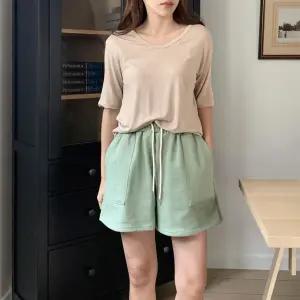 여자 면혼방 허리스트링 아웃포켓 밴딩 반바지