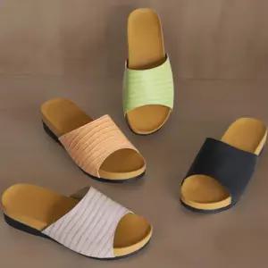 여성용 다채로운 스트라이프 오픈토 편안한 가죽 슬리퍼