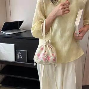 여성 러블리 플라워 자수 패브릭 버킷 숄더백