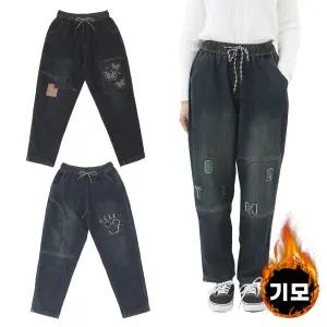 따뜻한 겨울 기모 배기 엄마바지 중년여성 자수 밴딩 워싱 청바지 빅사이즈