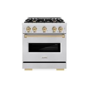 ZLINE 사인 에디션 30인치, 4.2인치, 클래식 가스레인지, 4개의 버너 쿡탑 및 컨벡션 가스 오븐, 새틴 스테인리스 스틸 샴페인 브론즈 액센트(CGRSZ-30-CB) 포함