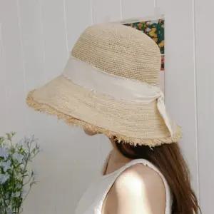 여성 태슬 라피아 햇 리본 장식 버킷 모자 여름 바캉스용