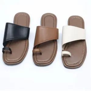 여성 사각코 가죽 플랫 샌들 슬리퍼 바캉스용