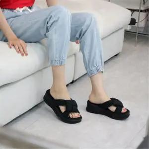 여성 편안한 쿠션 통굽 슬리퍼 끈 스트랩 위빙