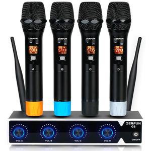 ZERFUN Pro 무선 마이크 시스템 4채널, 교회 노래방 노래를 위한 UHF 메탈 핸드헬드 마이크, 4x50 조정 가능 주파수(G8 배터리 4 핸드헬드)