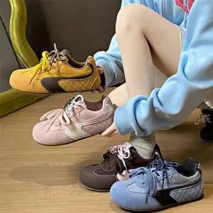 CMS7D87여성 발레 스타일 퀼팅 배색 레이스업 가죽 스니커즈