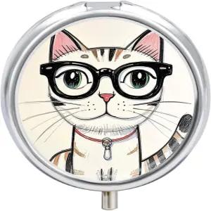 원형 필 케이스 3구획 디자인 힙스터 고양이 키튼 안경 박스 미니 약정 정리함 휴대용 여행용 - 비타민