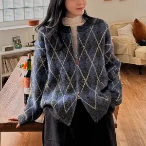 아가일 집업 니트 가디건 긴팔 라운드넥 루즈핏 여성 빅사이즈