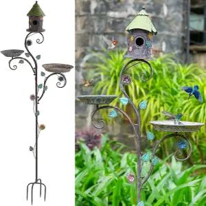 야외용 Aifeorzo 71인치 H 조류 목욕장 기둥 및 집 금속 말뚝 스탠딩 먹이기 목욕 콤보 야외 정원 장식용