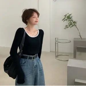 겨울니트 크롭배색 니트 넥라인 긴팔티셔츠 여성상의 간절기 가을니트