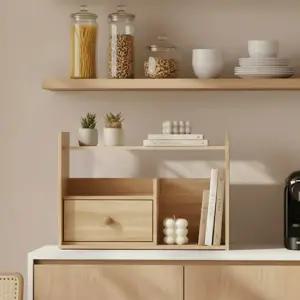 100% 고무나무 원목 주방 수납 선반장 2단 커피 양념 정리대