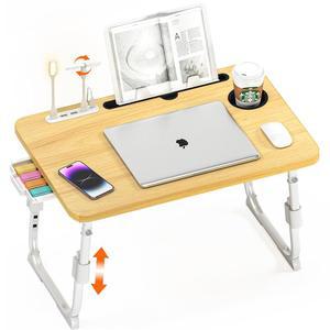 데코시스 노트북 침대 책상 높이 조절 가능, USB / 수납 서랍 포함 침대 노트북 테이블 / 컵 홀더 / 태블릿 스탠드 / 책 선반, 접이식 아침 트레이 휴대용 필기, 침대, 소파 및 바닥, 나무