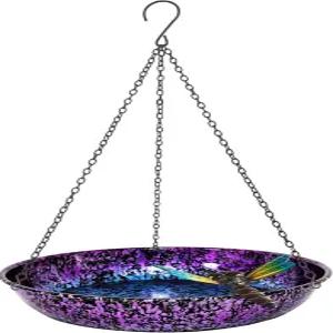 야외용 행잉 버드 배스 11인치 컬러풀 퍼플 블루 메탈 피더 보울 장착 녹슬지 않는 블랙 체인 잠자리 마당