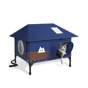 겨울철 야외 고양이를 위한 난방형 고양이 집, 100% 내후성, 넓은 실내, 2개의 문, 이름 주머니, 길고양이를 튼튼한 단열 야생 쉼터(파란색, 18