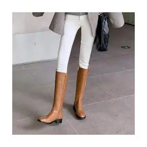 여성 러블리 신발 롱부츠 블랙 소가죽 굽이 낮은 니부츠 추동 스터드 라운드 일자 라이더 부츠 다올4