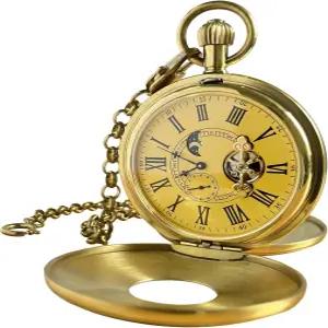 남성용 비오조 기계식 손바람 포켓 워치 하프 헌터 더블 커버 24시간 달 페이즈 투르빌론이 들어있는