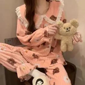 여성 여자 겨울 프릴 곰돌이 수면 잠옷 파자마 세트 홈웨어
