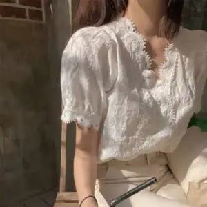 레이스 퍼프 여성 반팔 블라우스