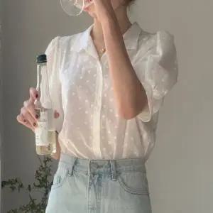 여성 청순 시스루 퍼프 소매 반팔 카라 블라우스 셔츠