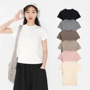 여성 기본티 유넥 세미 크롭 스판 반팔티 실켓티