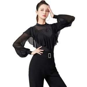 라인댄스상의 줌바 성인발레복 밸리 라틴댄스복 반팔 긴팔 블랙 S