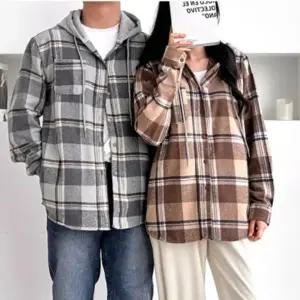 데일리 커플 심플 남녀공용 체크 남방 셔츠 기모후드 부드러운 겨울
