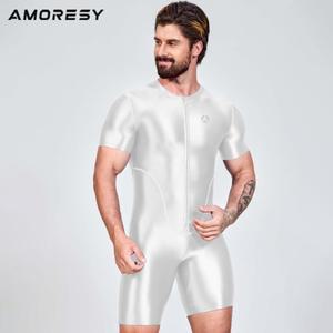 AMORESY 남성 새틴 글로시 원피스 스타킹 반소매 레오타드 사이클링 경쟁 점프 슈트 레슬링 러닝 오버올