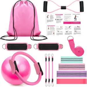 라운드퍼니 필라테스 링 서클 세트 15개 운동기구 액세서리 여성용 운동 볼 스트레칭 스트랩 짐 백팩 저항