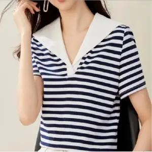 여성반팔티셔츠 로맨틱 세일러 카라 스트라이프 반팔 아웃도어 사무실 출퇴근
