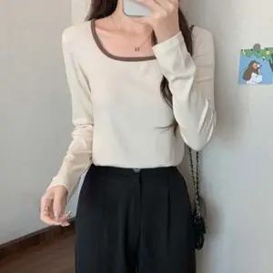 여성 U넥 긴팔티 이너 배색 슬림핏 상의 티셔츠 2색