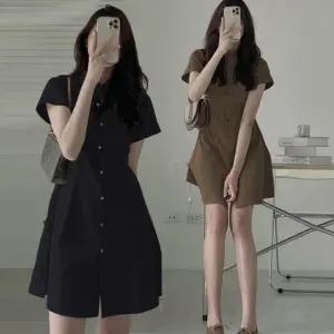 롱원피스 여자 여름 슬림스타일 단추 카라 데이트룩 반팔원피스