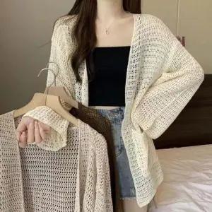 여성가디건 여성 펀칭 짜임 그물 노버튼 얇은 통 소매 가디건