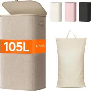 뚜껑이 있는 Lifewit 105L 세탁 바구니 플라스틱 손잡이와 탈착식 가방이 대형 세탁실 침실 욕실 기숙사