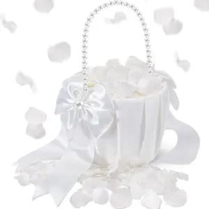 징모어 1세트 웨딩 플라워 걸 바구니 및 리얼 꽃잎 세트 보리 진주 손잡이 진정한 건조 수국 포함 브라이덜