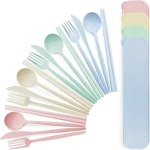 케이스 포함 재사용 가능한 여행 도구 4종 세트 TWUTGAYW 휴대용 캠핑 용 BPA 무료 숟가락 나이프 포크