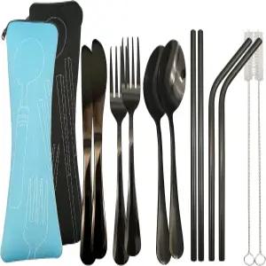 업트러스트 2세트 스테인리스 식기 세트 휴대용 6종 재사용 가능한 나이프 포크 스푼 금속 빨대 청소