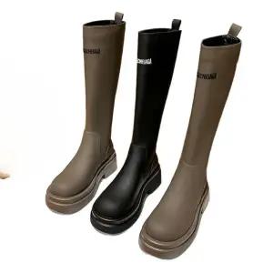 가죽롱부츠 8cm굽 속굽키높이 그레이 소가죽 롱부츠