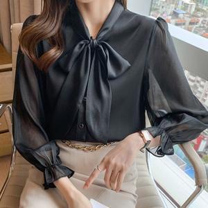 [리즈무드]페링 리본 펄 시스루 블라우스