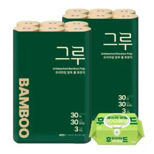 그루 프리미엄 밤부 롤 화장지 3겹 30m 30롤 2팩+후레쉬물티슈 캡 100매