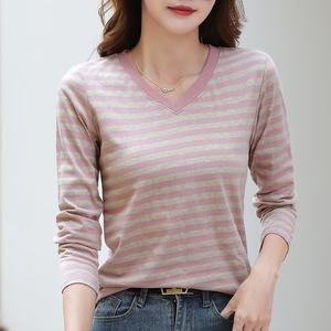 3985 줄가라 여성 라운드 브이넥 면티 여자 단가라 스판 이너 쫄티 롱티 봄 가을 겨울 긴팔티 스트라이프