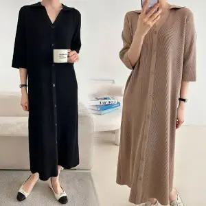 [보리보리/보리맘]골지 카라 니트 롱 원피스 브이넥 버튼 7부 임부복 R336