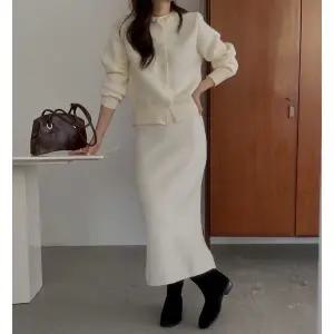 해시 진주 넥트리밍 니트 가디건 밴딩 롱스커트 투피스 세트 하객룩 치마셋업