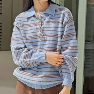 스트라이프 피케 카라 니트 티셔츠 긴팔 루즈핏 여성 빅사이즈