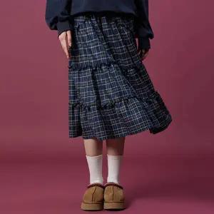 [KOLEAT]기모 도톰 체크 레이스 미디 플레어 롱스커트 [Navy_blue] 가을 겨울 ver.