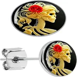 바디 캔디 레드 로즈 해골 스터드 귀걸이 - 할로윈 죽은 자의 날을 위한 스테인리스 스틸