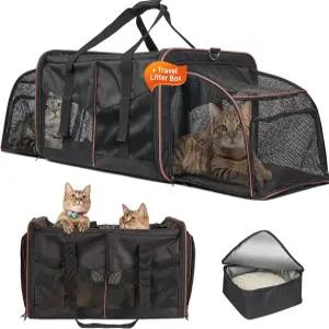 쓰레기통이 있는 휴대용 더블 고양이 캐리어 2마리 고양이를 위한 대형 확장형 자동차 여행용 소프트