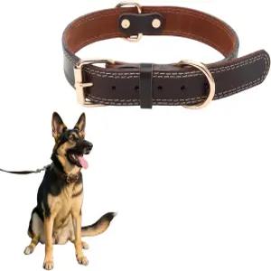Cwyza 정품 가죽 개 목걸이 헤비 듀티 와이드 보이 소형 및 중형견용 조절 가능(브라운 S-18 (넥 핏