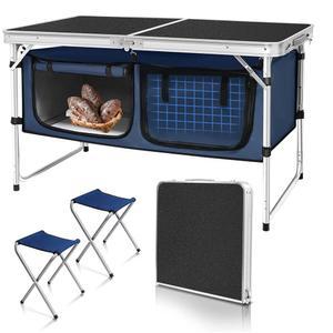 수납공간이 있는 접이식 캠핑 테이블 알루미늄 경량 주방 높이 조절 가능한 실내/외 게이트 뒷마당 바비큐