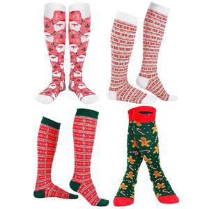 수하인 4쌍 크리스마스 압박 양말 선물, 크리스마스 무릎 하이 양말 긴 종아리 스타킹 크리스마스 성인 여성 간호사 남성용